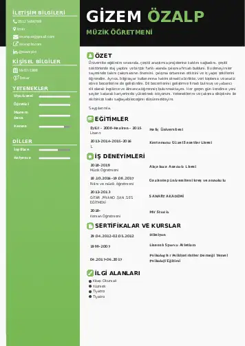 Müzik Öğretmeni Cv Örnekleri cv indir